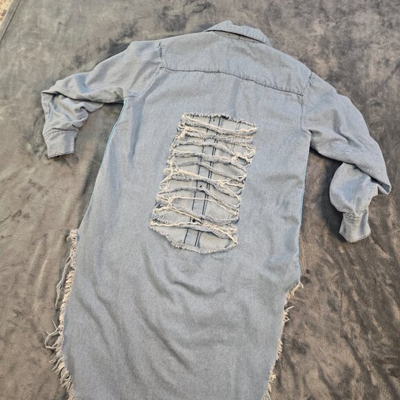 Kroix Shirt Womens Medium Blue Chambray Longline Distressed Rainbow Tunic - Picture 13 of 13